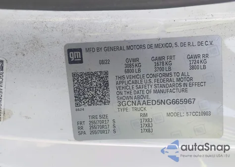 2022 Chevrolet Silverado 1500 2Wd Long Bed Wt z USA, uszkodzony, nr VIN 3GCNAAED5NG665967